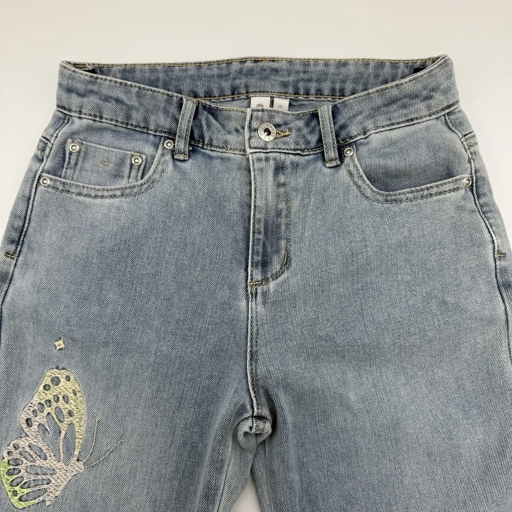 Girls Denim Pants Butterfly Embroidered Size 10 Cuffed Straight Leg Light‎ Wash
